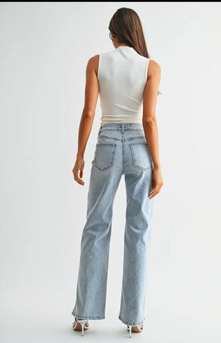 Mica Denim High Rise Wide Leg Pearl Embellished Side Jeans