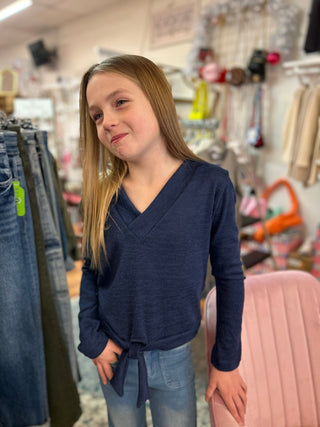 AC407 - Girls Navy Brushed Knit Tie Front Top (JKA) - All About Me Boutique