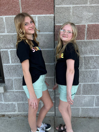 Hayden Girls "Sunshine" Flocked Graphic Tee – Black Relaxed Fit Summer T-Shirt - All About Me Boutique