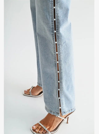 Mica Denim High Rise Wide Leg Pearl Embellished Side Jeans