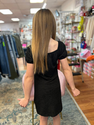 AC 407 Girls Textured Black Square Neck Dress - All About Me Boutique