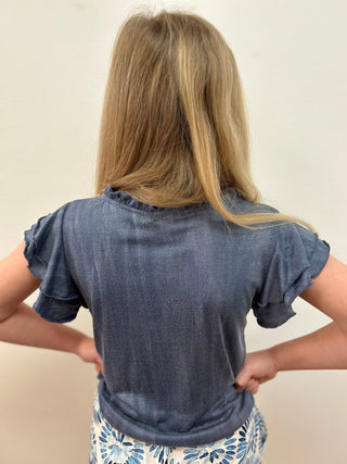 AC407 Girls Blue Ruffle Sleeve Tee - All About Me Boutique