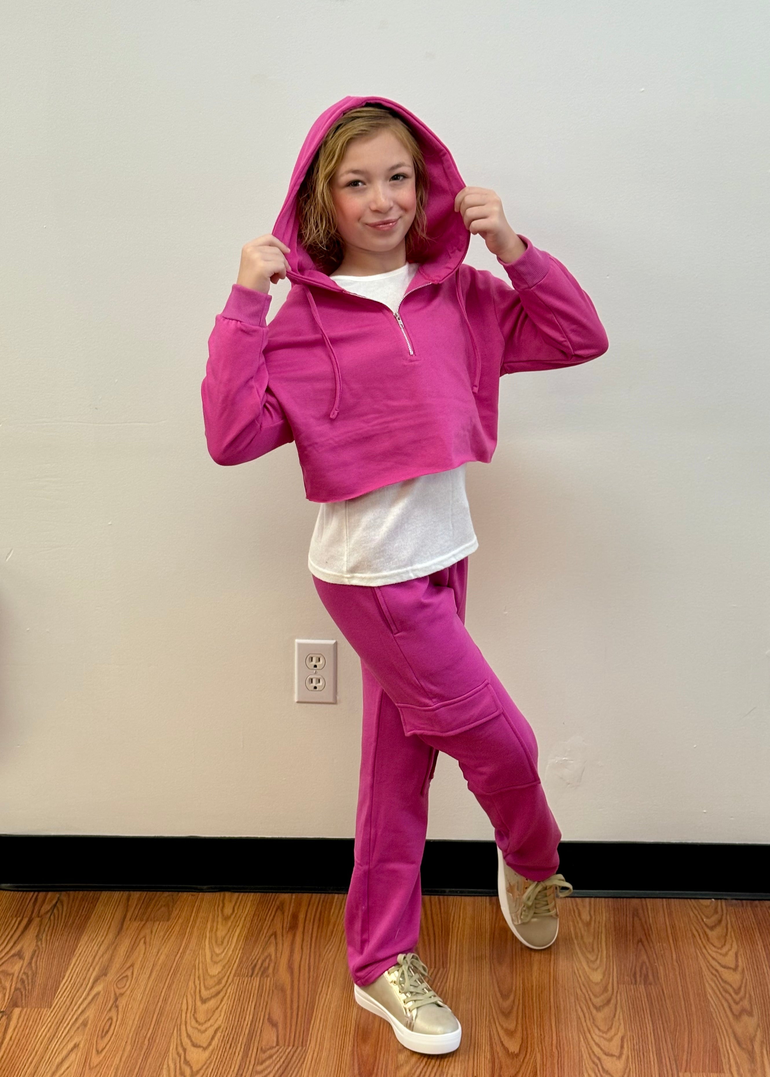 Suzette Fleece  3/4  Zip Crop Top - Cozy Hooded Style