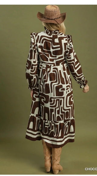 Umgee Abstract Geo Print Ruffle Maxi Dress