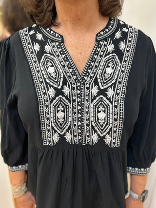 Liv Los Angeles Boho Embroidered Blouse – Flowy Split Neck Rayon Top