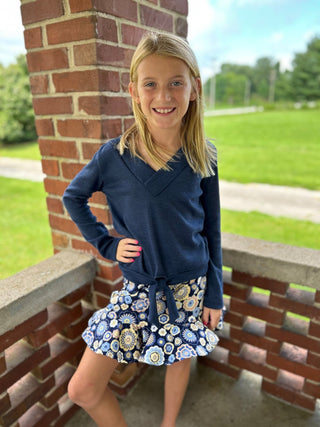 AC407 - Girls Navy Brushed Knit Tie Front Top (JKA) - All About Me Boutique
