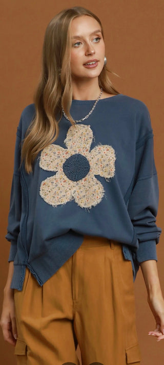 Umgee Floral Crochet Patch Mineral Wash Sweatshirt