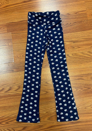 AC407 - Girls Navy White Flower Flare Pant - All About Me Boutique