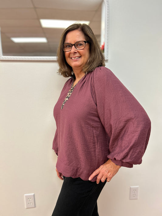 Leopard Trim Blouse by Umgee