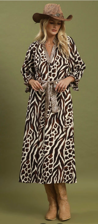 Mixed Animal Print Tie Waist Midi Dress