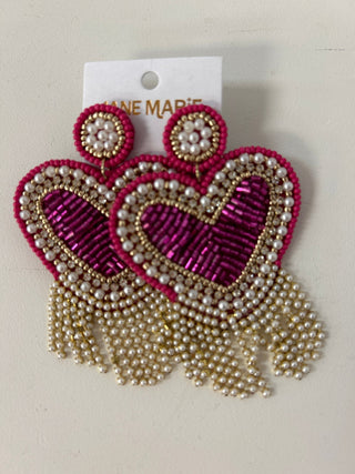 JM - Beaded Post and Heart with Pearl Tassel Earrings - All About Me Boutique