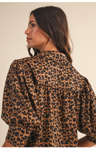 Anniewear Leopard Print Satin Elbow Sleeve Blouse