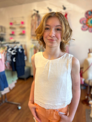 Girl Ivory Linen Look Cropped Tank with Lace Hem by Mayoral - All About Me Boutique