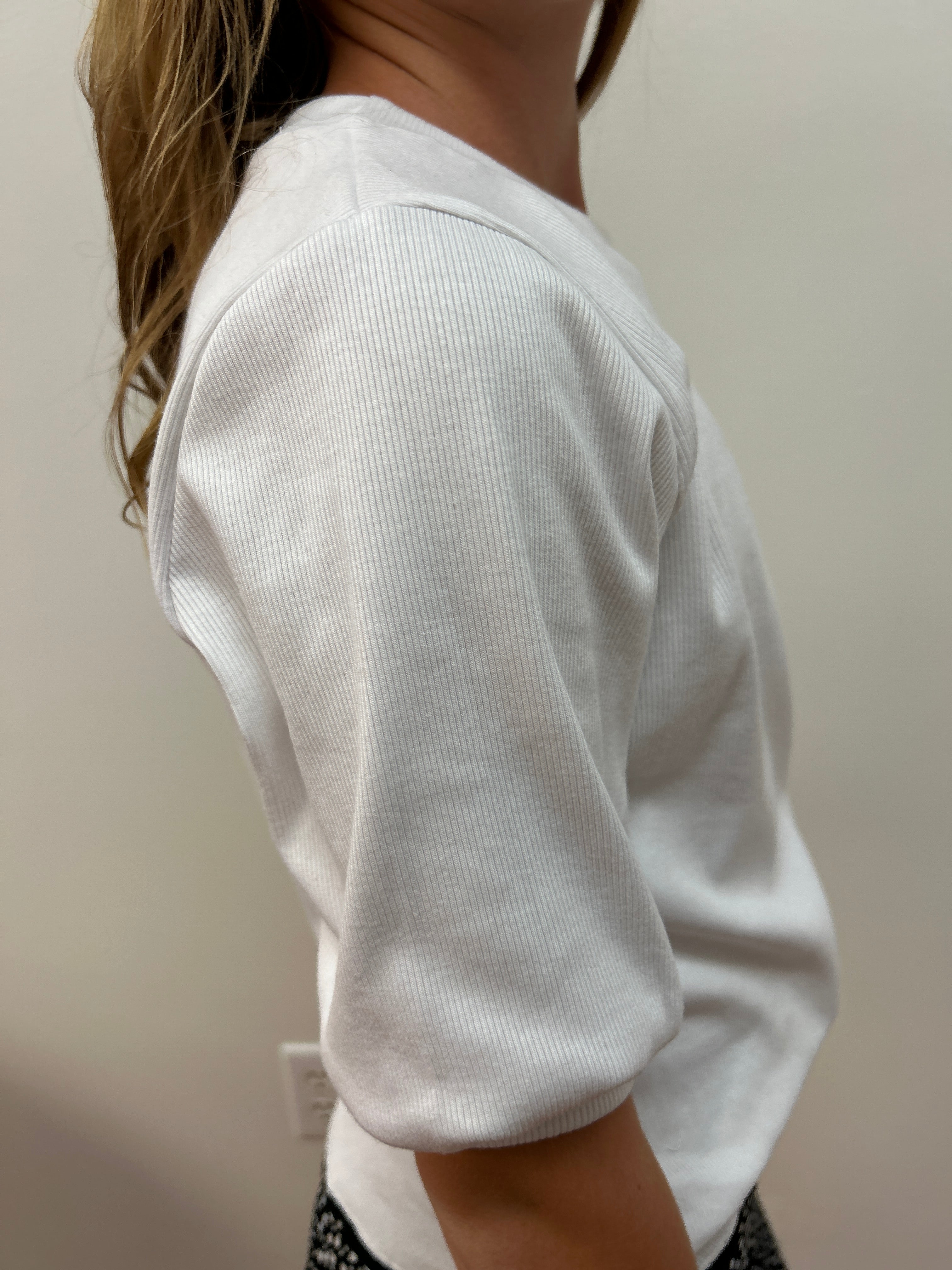 AC 407 Girls White Rib Knit Pouff Sleeve Top