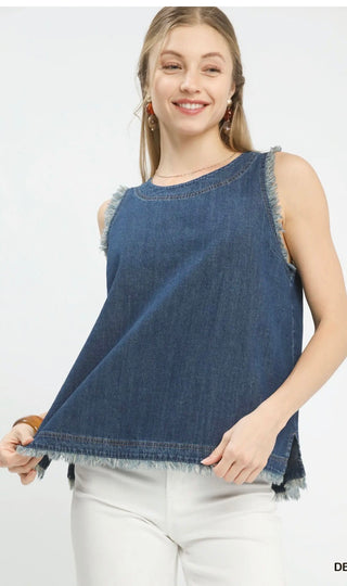 Umgee Denim Sleeveless Fringe Hem Top