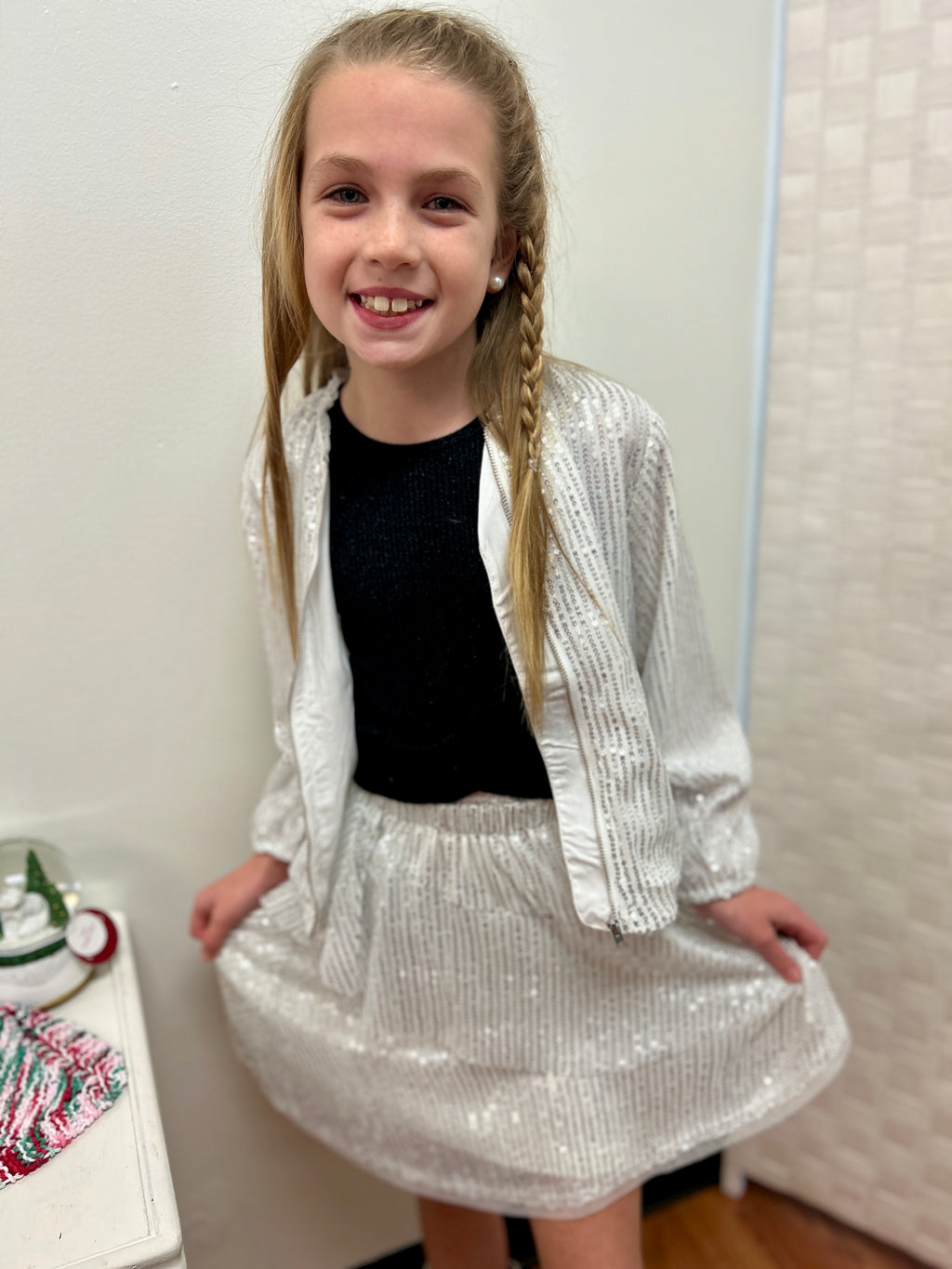 Vignette Girls White Sequin Bomber Jacket