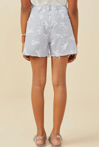 Hayden Girls' Bow Print Distressed Denim Shorts - 100% Cotton - All About Me Boutique