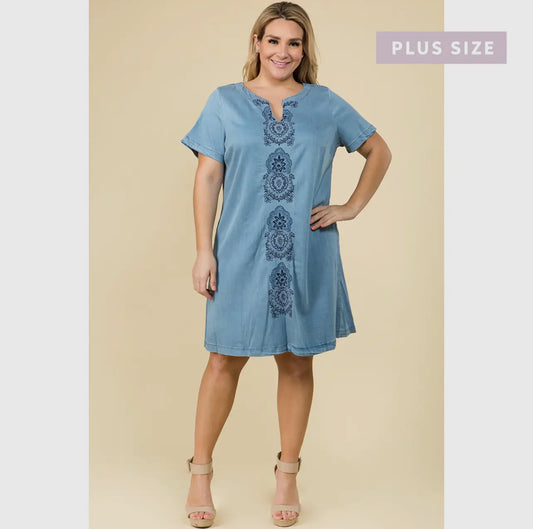embroidered front stretch denim dress plus size