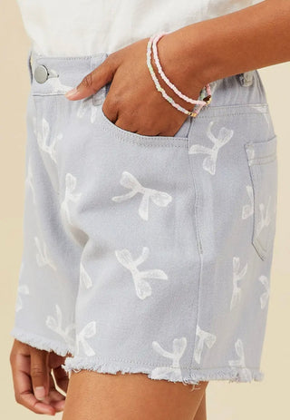 Hayden Girls' Bow Print Distressed Denim Shorts - 100% Cotton - All About Me Boutique