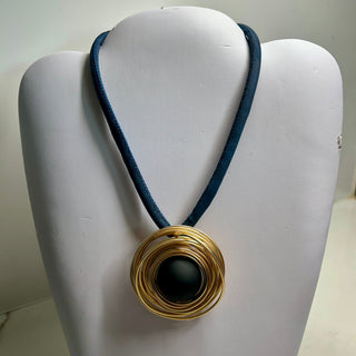 MK Navy Cord Statement Necklace - Gold Coil Circle Detail - All About Me Boutique