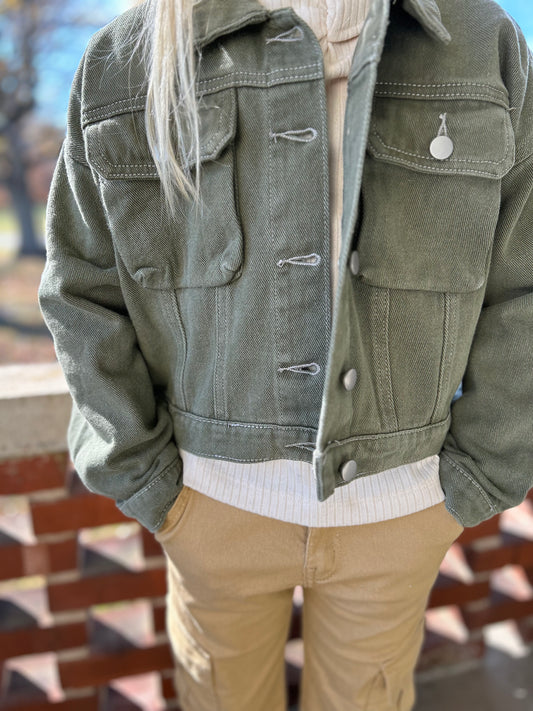Hayden- Olive Denim Cargo Jacket