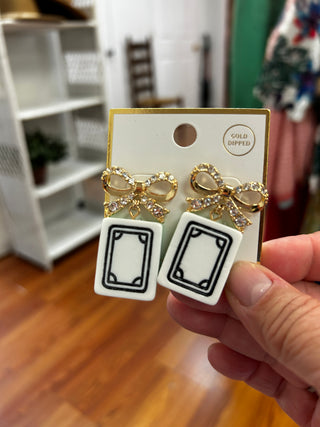 Gold-Dipped Crystal Bow & "White Dragon" Mahjong Tile Earrings