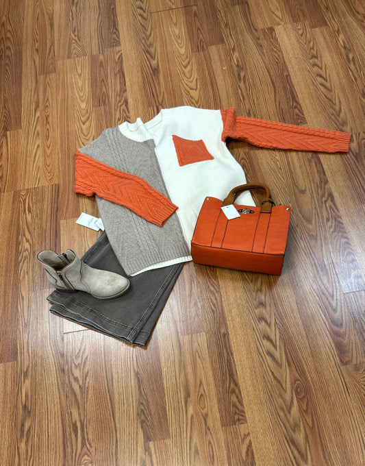 Color Block Sweater -Ladies Crew Neck with Chest Pocket