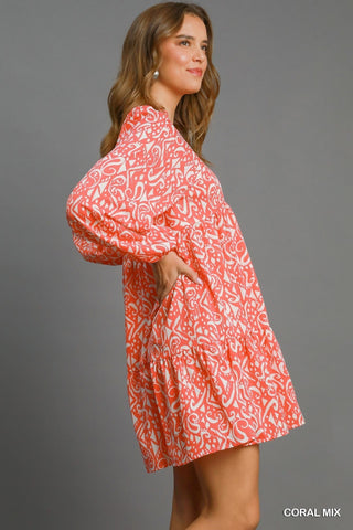 Abstract Coral Two - Tone Tiered A - Line Mini Dress - All About Me Boutique