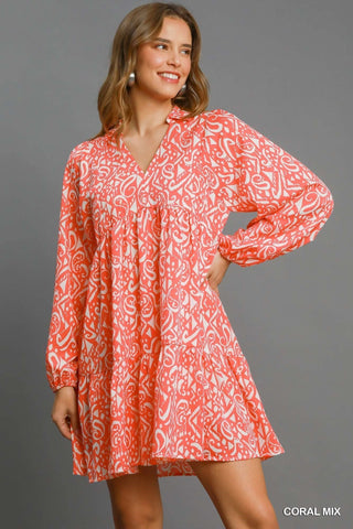 Abstract Coral Two - Tone Tiered A - Line Mini Dress - All About Me Boutique