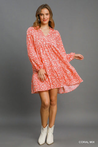 Abstract Coral Two - Tone Tiered A - Line Mini Dress - All About Me Boutique