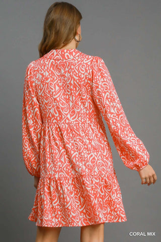 Abstract Coral Two - Tone Tiered A - Line Mini Dress - All About Me Boutique