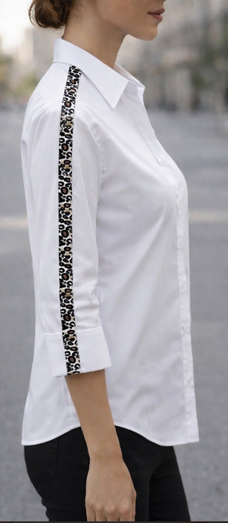 Zac and Rachel Poplin Leopard Trim Blouse - All About Me Boutique