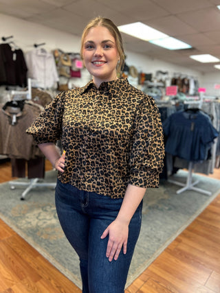 Anniewear Leopard Print Satin Elbow Sleeve Blouse - All About Me Boutique