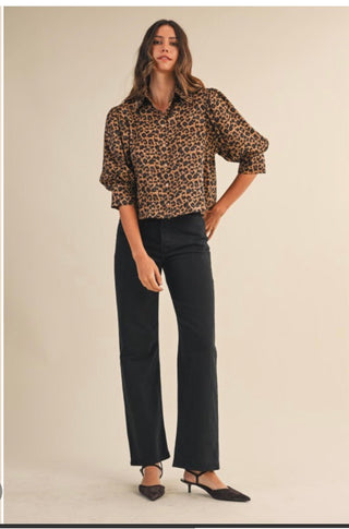 Anniewear Leopard Print Satin Elbow Sleeve Blouse - All About Me Boutique
