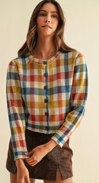 Anniewear Multicolor Check Jacquard Sweater Cardigan - All About Me Boutique