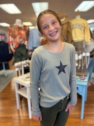 Area Code Girls Rib Knit Long Sleeve Top with Glitter Star - All About Me Boutique