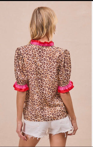 Bibi Leopard Printed Blouse with Contrast Edge - All About Me Boutique