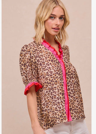 Bibi Leopard Printed Blouse with Contrast Edge - All About Me Boutique