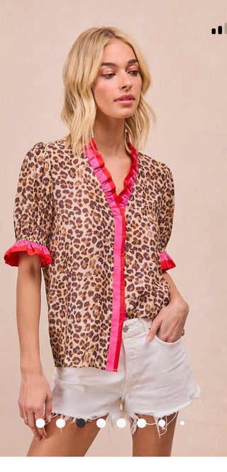Bibi Leopard Printed Blouse with Contrast Edge - All About Me Boutique