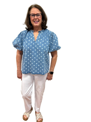 Bibi Polka Dot Puff Sleeve Denim Blouse - All About Me Boutique