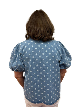 Bibi Polka Dot Puff Sleeve Denim Blouse - All About Me Boutique