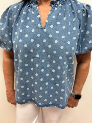 Bibi Polka Dot Puff Sleeve Denim Blouse - All About Me Boutique