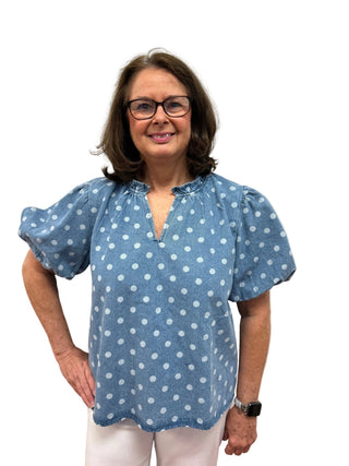 Bibi Polka Dot Puff Sleeve Denim Blouse - All About Me Boutique