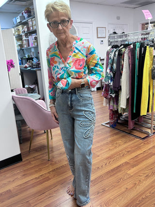 Blue B Studded Flower Patch Wide Leg Jeans - All About Me Boutique