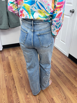 Blue B Studded Flower Patch Wide Leg Jeans - All About Me Boutique