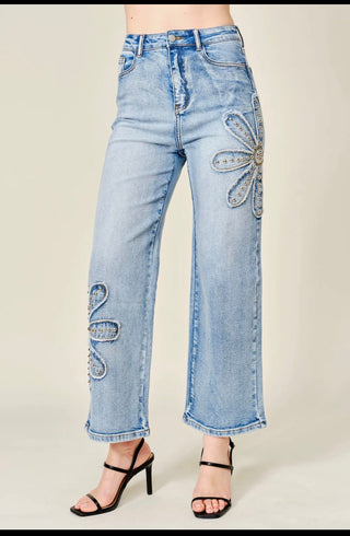 Blue B Studded Flower Patch Wide Leg Jeans - All About Me Boutique