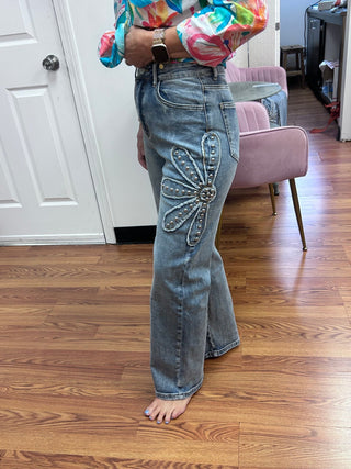 Blue B Studded Flower Patch Wide Leg Jeans - All About Me Boutique