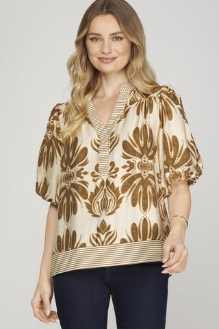 Bubble Sleeve Printed Woven Top - All About Me Boutique