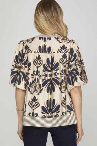Bubble Sleeve Printed Woven Top - All About Me Boutique