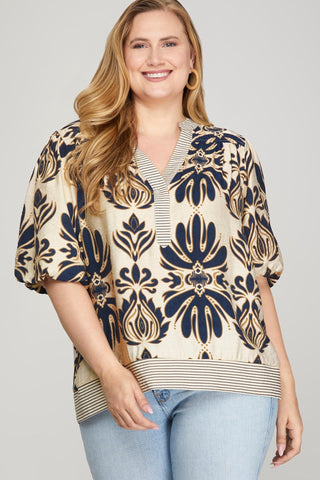Bubble Sleeve Printed Woven Top - All About Me Boutique